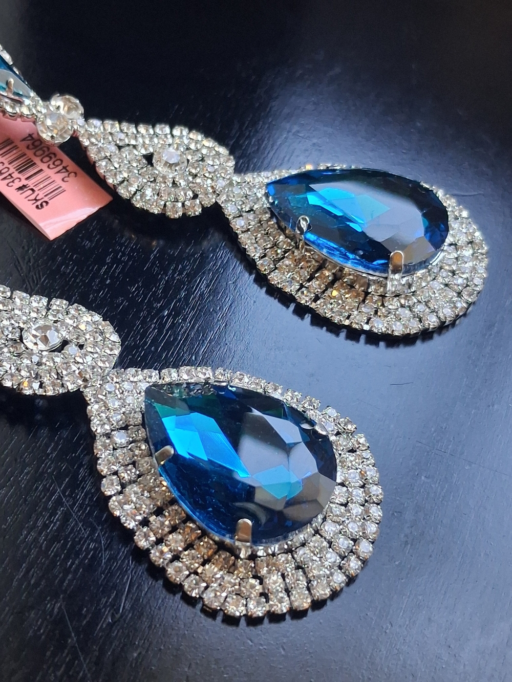 Sapphire Blue Glass Rhinestone Pageant Statement Earrings Prom Event Bridal 3¼" - Picture 7 of 16